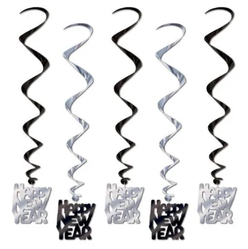 Black and Silver Happy New Year Whirls