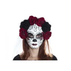 Day of the Dead Mask Flower Veil Black and Burgundy